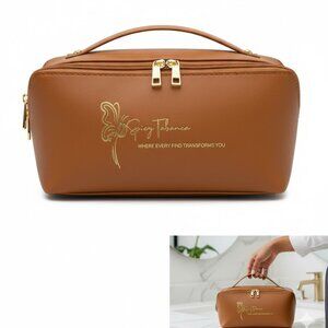 Brown leather-look cosmetic Makeup Bag with Gold Accents